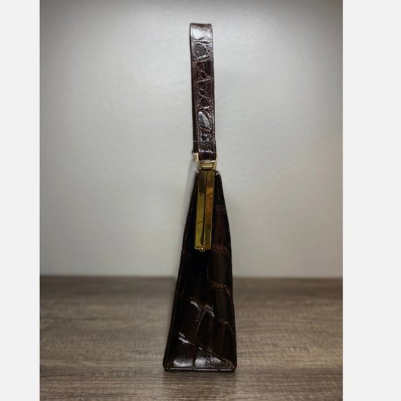 Vintage 1950s Genuine Alligator Crocodile Dark Brown Handbag Rectangular - Picture 4 of 16